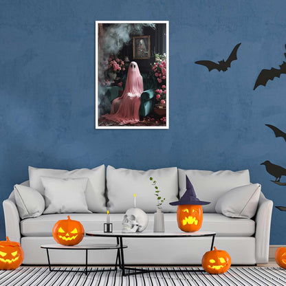 ADRHGCY Retro Pink Ghost Posters, Cute Horror Scary Wall Art, Ghost Figure Sitting on Weeds, 12x16in Unframed