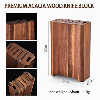 HEZHEN Knife Block Set, 7 Piece Chef Knife Set with Block&Siccor, 3 Layers Clad Steel Kitchen Knife, Kitchen Scissors Acacia Wood Knife Block, Room-saving, Gift Ready Set