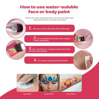 Professional Face Painting Kit for Kids Adults-12*10g Non Toxic Water Activated Face Paint Kit With Brushes,Stencils，Gem Stickers;Halloween,Carnival;Water Based Facepaint Makeup Kit for Kids Party