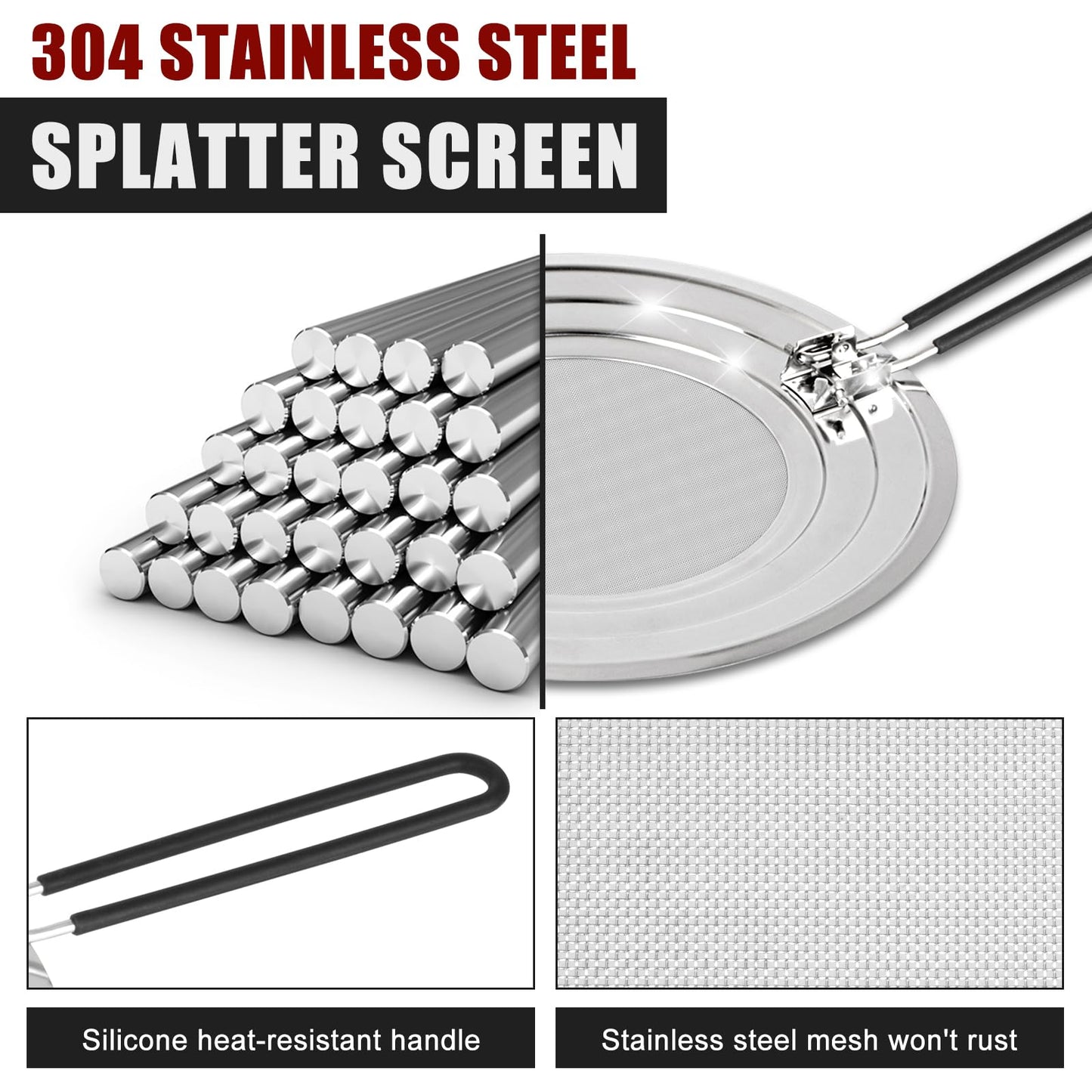 Stainless Steel Splatter Screen for Frying Pan - Grease Splatter Guard with Folding Handle - Cover Oil Splash from Bacon, Oil, or Deep Fryer - Food Strainer and Universal Cookware