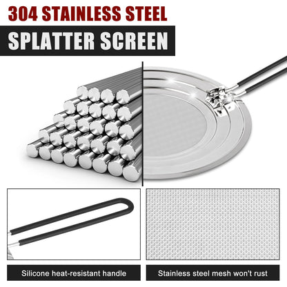 Stainless Steel Splatter Screen for Frying Pan - Grease Splatter Guard with Folding Handle - Cover Oil Splash from Bacon, Oil, or Deep Fryer - Food Strainer and Universal Cookware