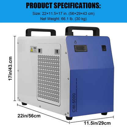 Garvee Industrial Water Chiller CW-5000, 7L 1.14HP 2.6gpm Thermolysis Type Water Cooling System for 40W 50W 60W 70W 80W 90W 100W CO2 Laser Engraving & Cutting Machines,Cools 3868 Btu/h, 110V