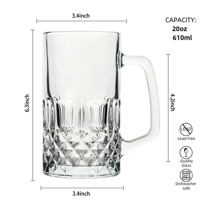 TUSAPAM Heavy Beer Mugs Set, 20oz Glass Mugs With Handle, Beer Glasses For Freezer, 610ml Beer Drinking Glasses, Traditional Stein For Bar, Beverages, Coffee, Teas, Set of 6