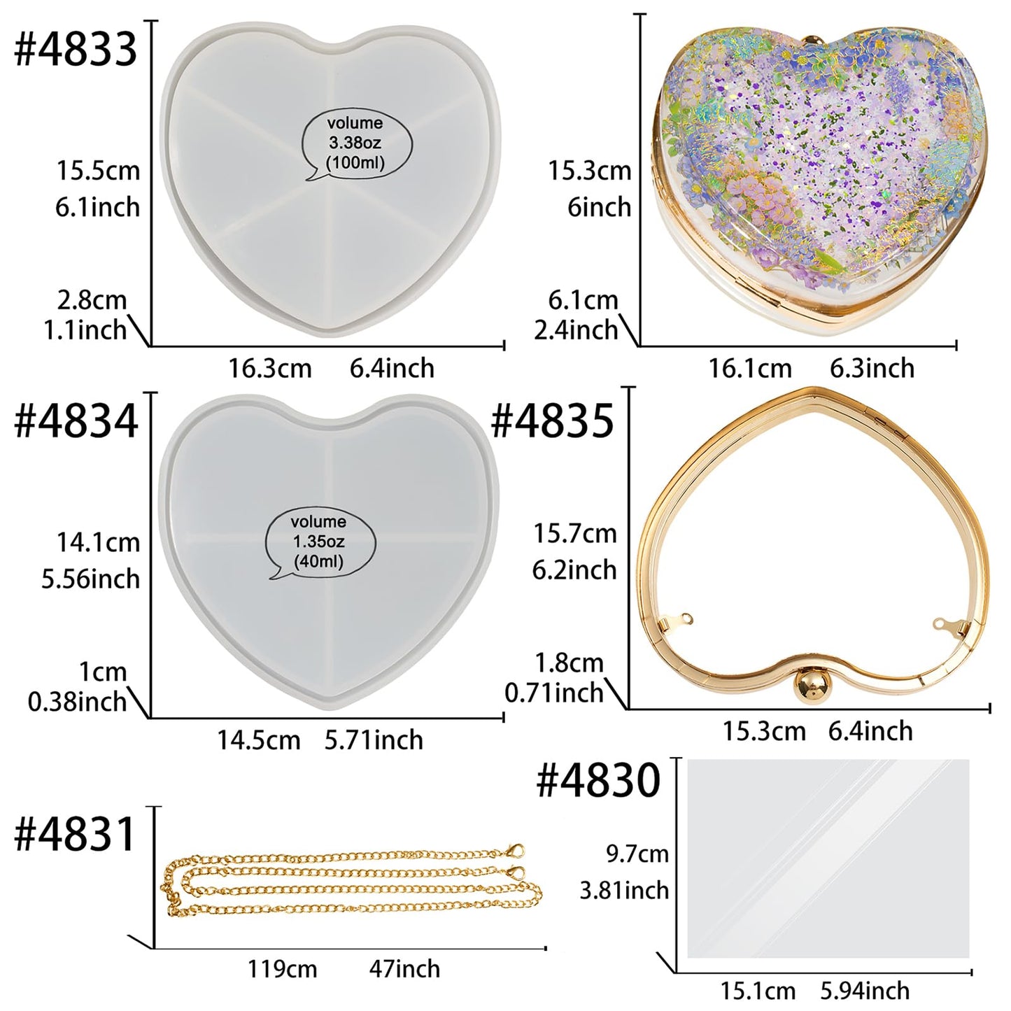 FUNSHOWCASE Resin Shaker Mold Clutch Purse Complete Kits of 9 6" Large Heart Bag DIY Accessories