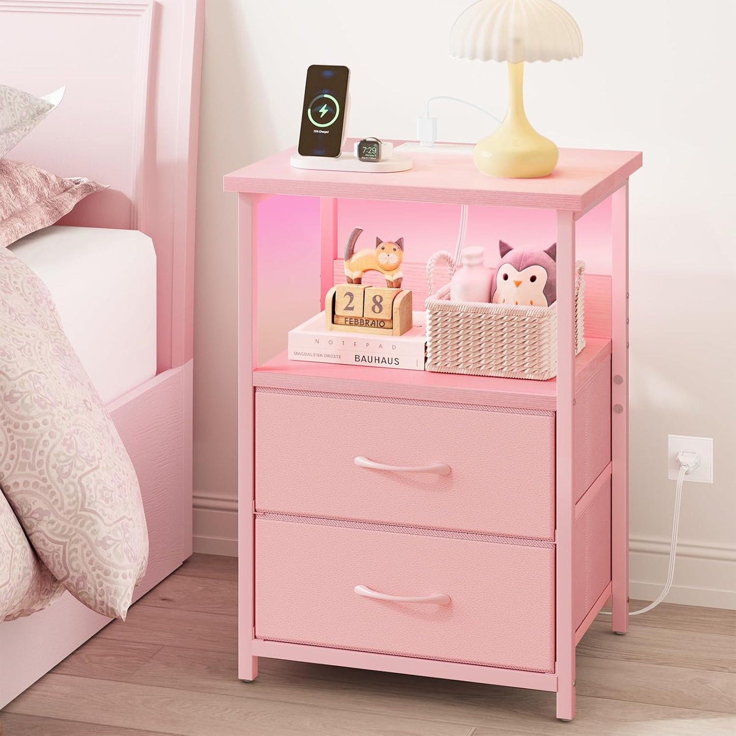 2 Fixwal Night Stand with Charging Station, LED Nightstand with U-S-B Ports and Outlets, Fabric Storage Drawers with PU