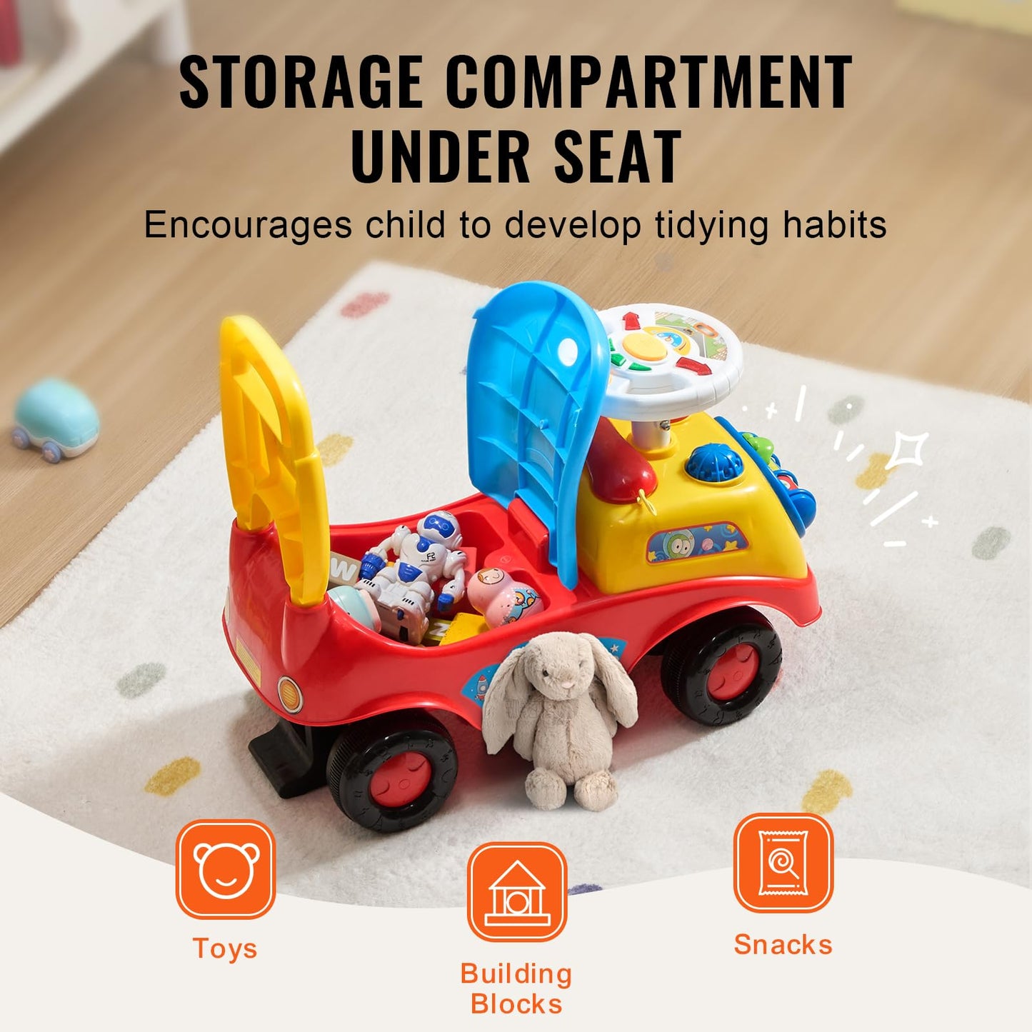 VEVOR Ride On Push Car for Toddlers, Ages 19+ Months, Ride Racer, Sit to Stand Toddler Ride On Toy, Kids Ride On Car with Music Steering, Horn & Under Seat Storage, Ride On Toy for Boys Girls,
