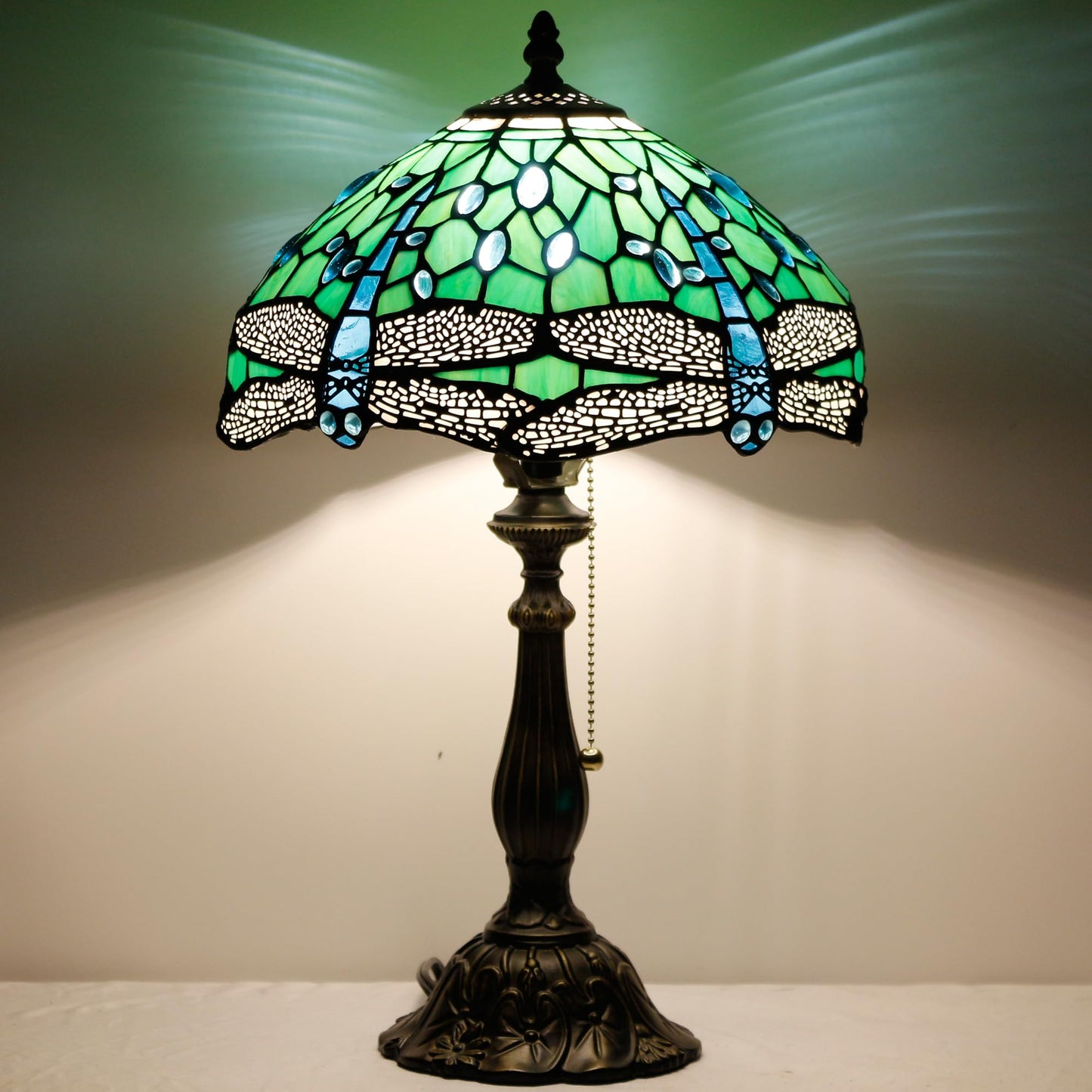 ZJART Tiffany Table Lamp Stained Glass Lamp 12X12X19 Inch Antique Reading Light (Green Dragonfly)