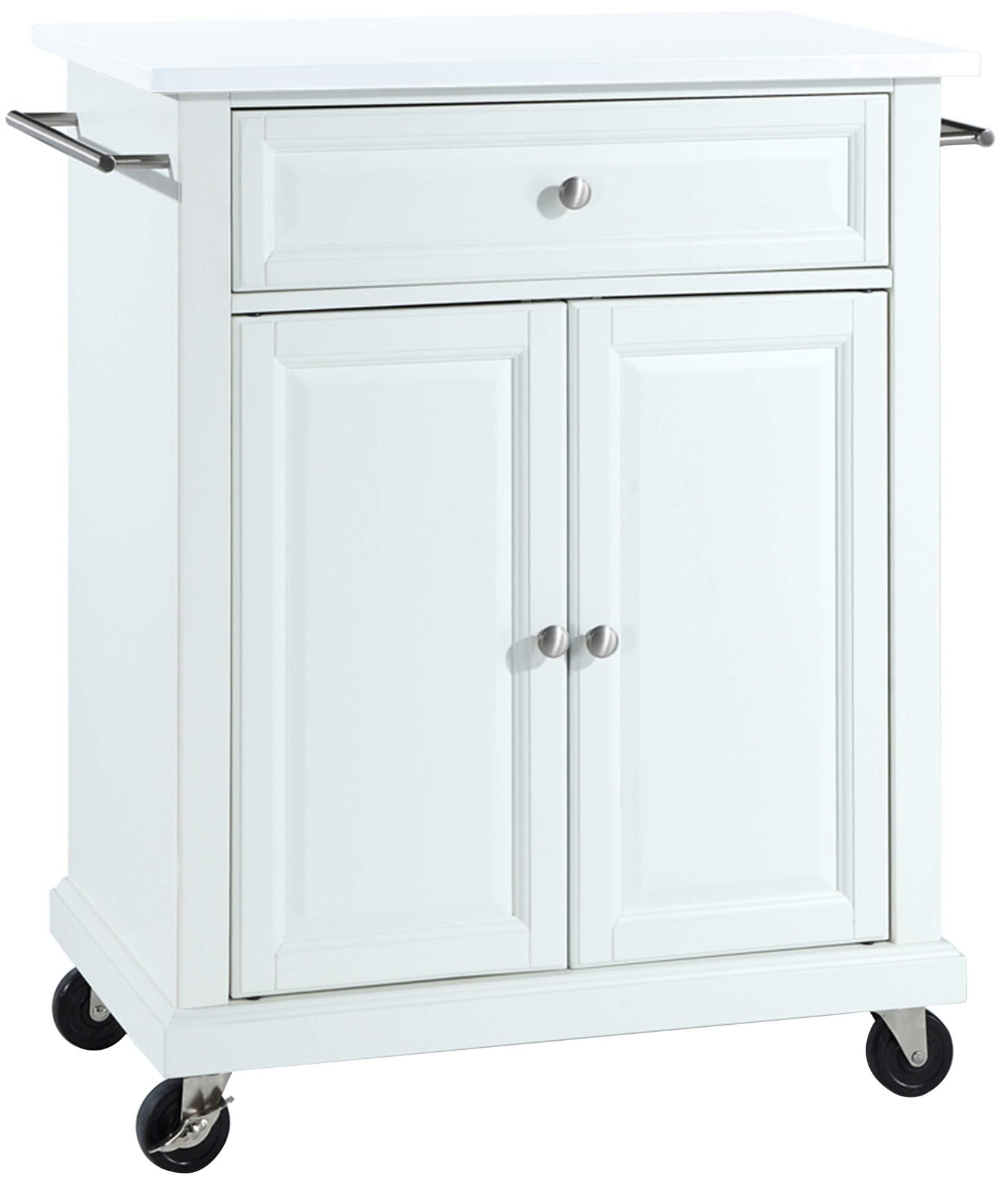 Crosley Furniture Compact Stone Top Small Rolling Cart with Shelves, Microwave Stand with Towel Rack, White