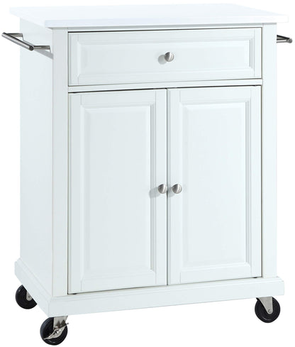 Crosley Furniture Compact Stone Top Small Rolling Cart with Shelves, Microwave Stand with Towel Rack, White