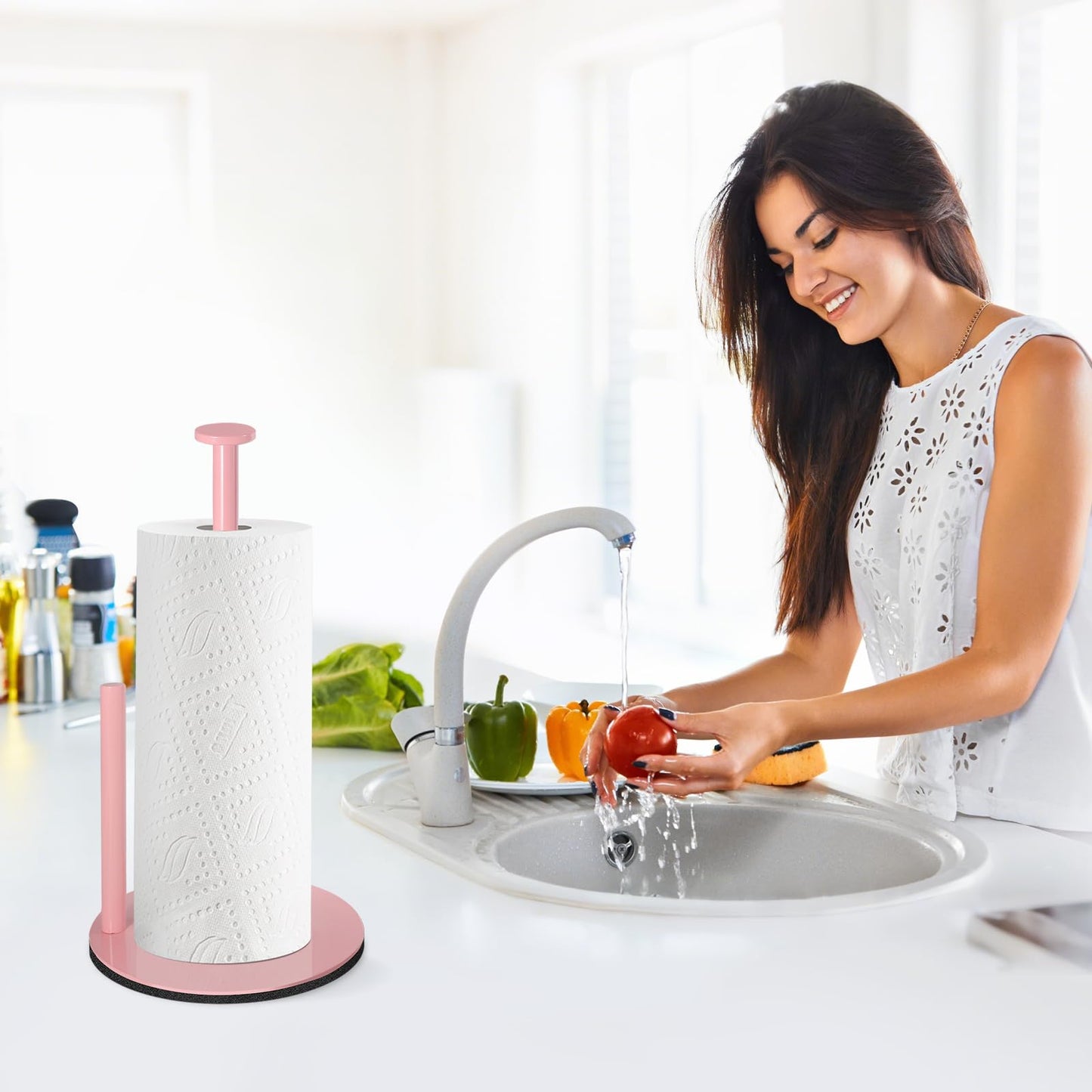 Paper Towel Holder Pink, Paper Towel Holder Countertop with Anti Slip Weighted Base, Stainless Steel Freestanding Paper Towel Holders for Kitchen