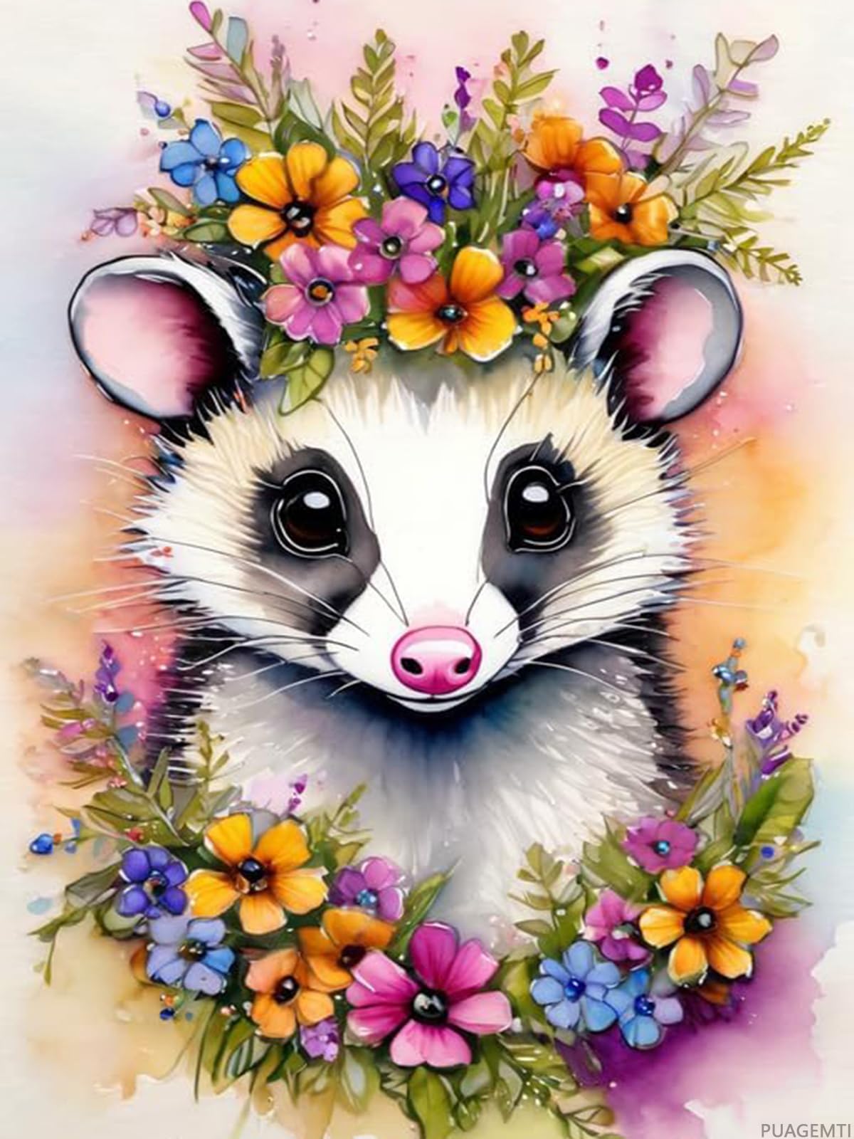 PUAGEMTI Diamond Painting Kits for Adult, DIY 5D Diamond Art Kits, Animals with Garlands Full Drill Round Crystal Virginia Opossum Diamond Dots Art Crafts for Home Wall Decor 12x16inch