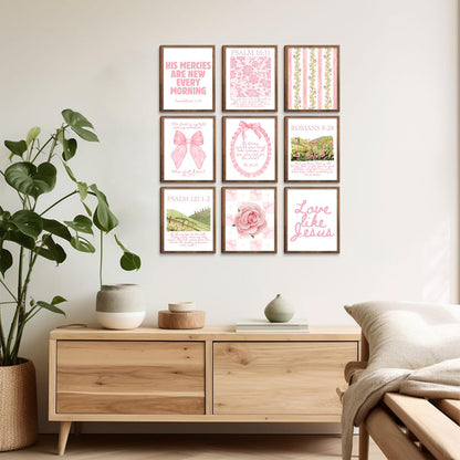 Christian Wall Art Pink Bible Verse Canvas Posters Coquette Bow Room Wall Decor Jesus Scripture Pictures Trendy Preppy Christian Floral Aesthetic Prints for Girls Bedroom 8x10xInch Set of 9 Unframed