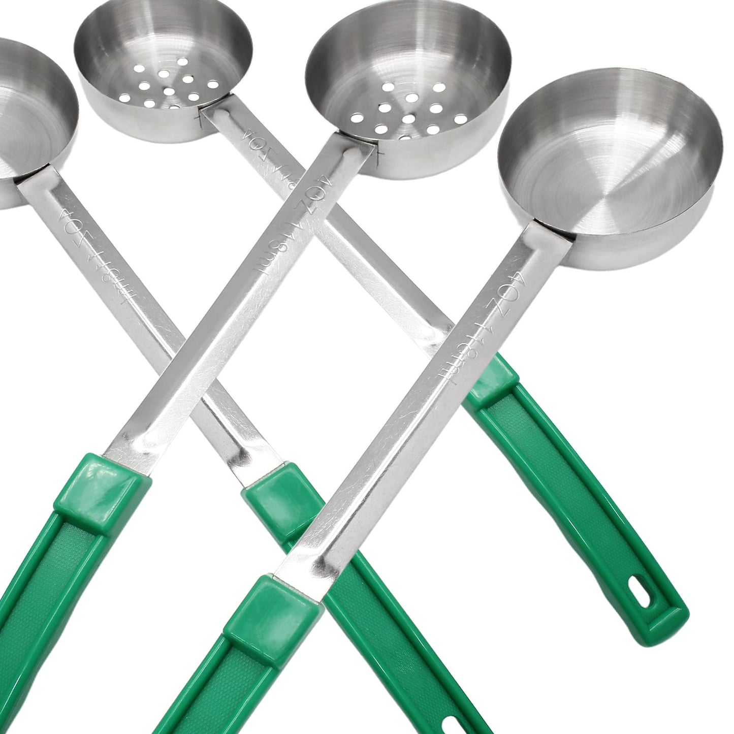 Opfiue 4PCS 4 oz Portion Control Serving Spoons,Measuring Ladle Scoops Food Utensils,Proportion Manage Slotted and Unslotted Scoops for Weight Loss/Kitchen(Green)