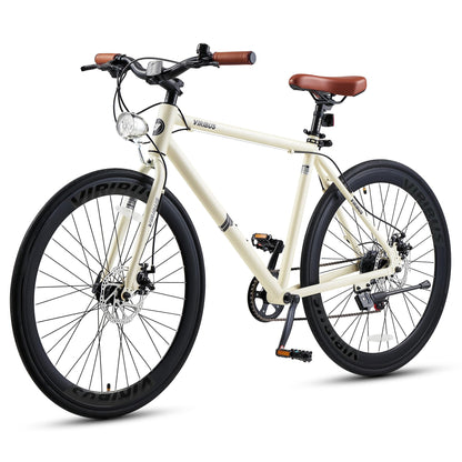 VIRIBUS Hybrid Bikes, 28 inch Mens Bike with Lightweight Aluminum Frame & Disc Brakes, 700C Bikes for Tall Men, 7 Speed Vintage Retro Hybrid Bicycles for City Commuters, Mens Road Bike Cream