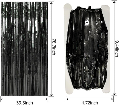 Skiennix Foil Curtain Backdrop - Black Metallic Tinsel Fringe for Photo Booth | 2 Pack Party Decorations