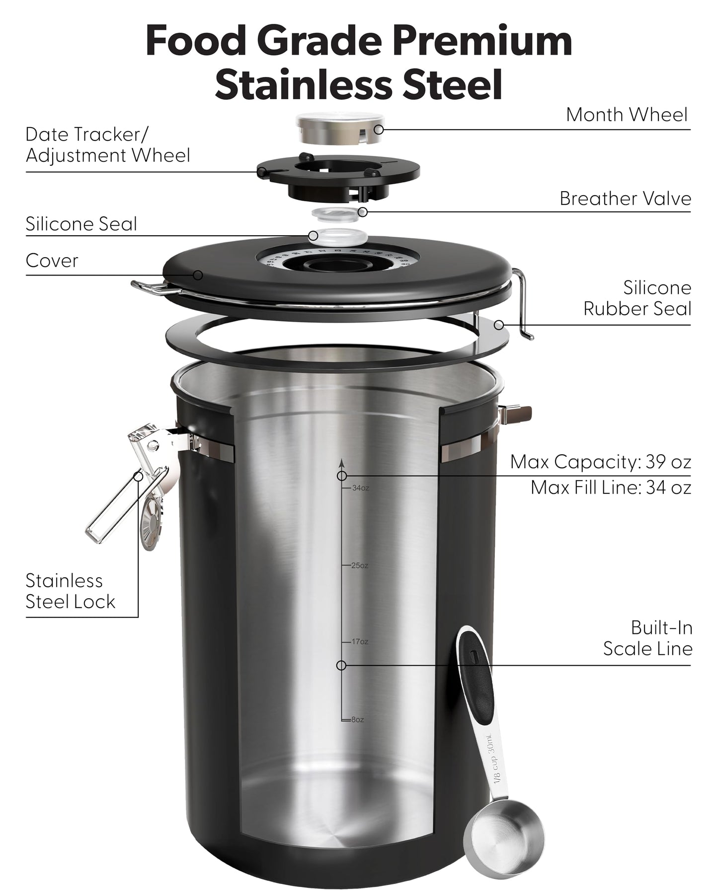 Veken Large Coffee Canister with Window, Kitchen Food Storage Airtight Stainless Steel Container for 2.2lbs Coffee Beans, Grounds, Rice,Tea, Flour, Cereal, Sugar Jars,Date Tracker and Scoop 39oz,Black