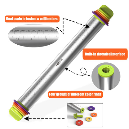 Mepple Stainless Steel Rolling Pin with Thickness Rings for Fondant, Pizza, Cookie, Pastry, Pie,Roller Rod for Dough Thickness,Rolling Pin for Baking, 13.6" with 4 Thickness Rings and Wooden Stand