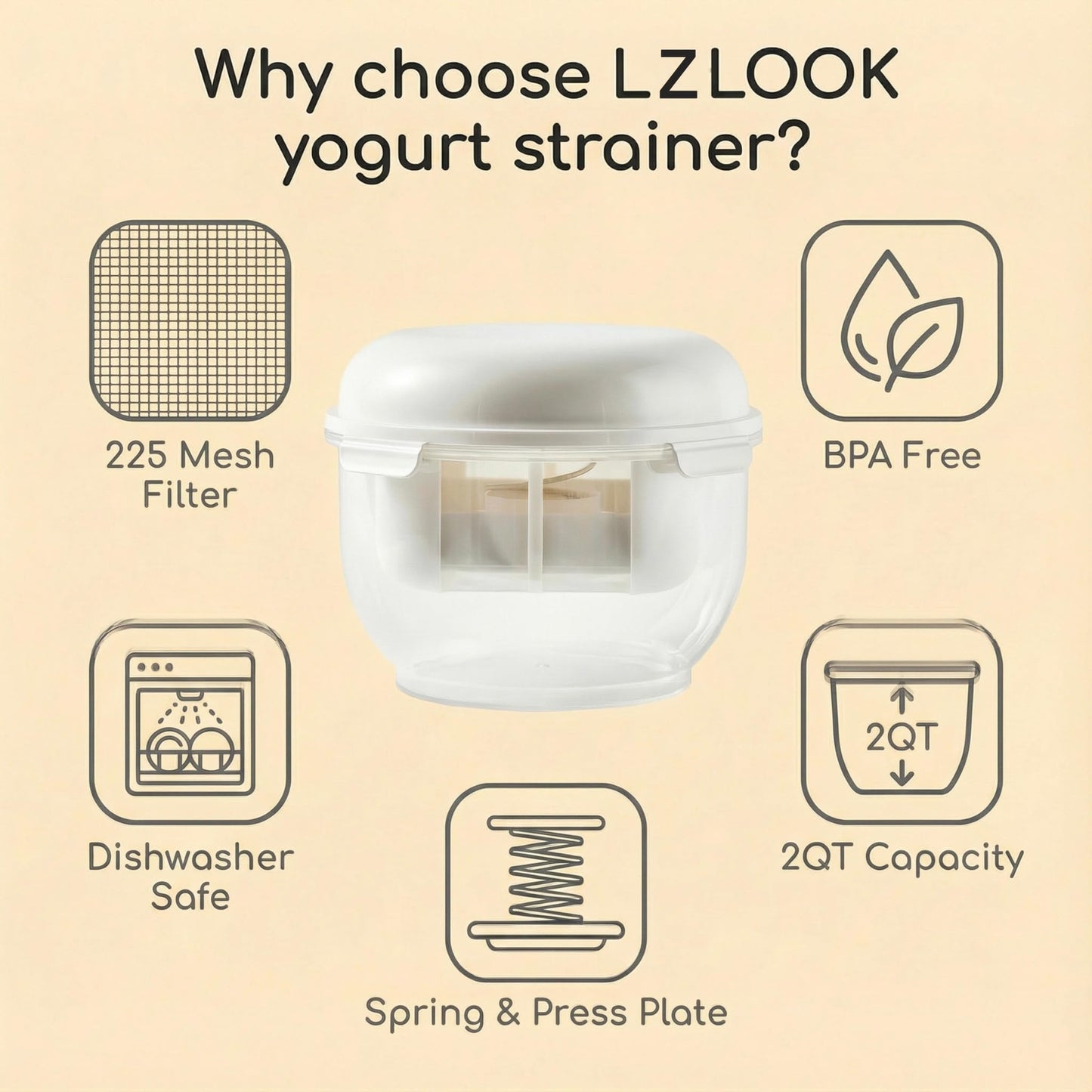 Greek Yogurt Strainer | 2 QT Ultra-Fine Mesh Filter with Spring Press | Yogurt, Kefir, Nut Milk & Soy Milk Strainer | BPA-Free Large Yogurt Container for Home Kitchen | MultiFunctional Yogurt Filter