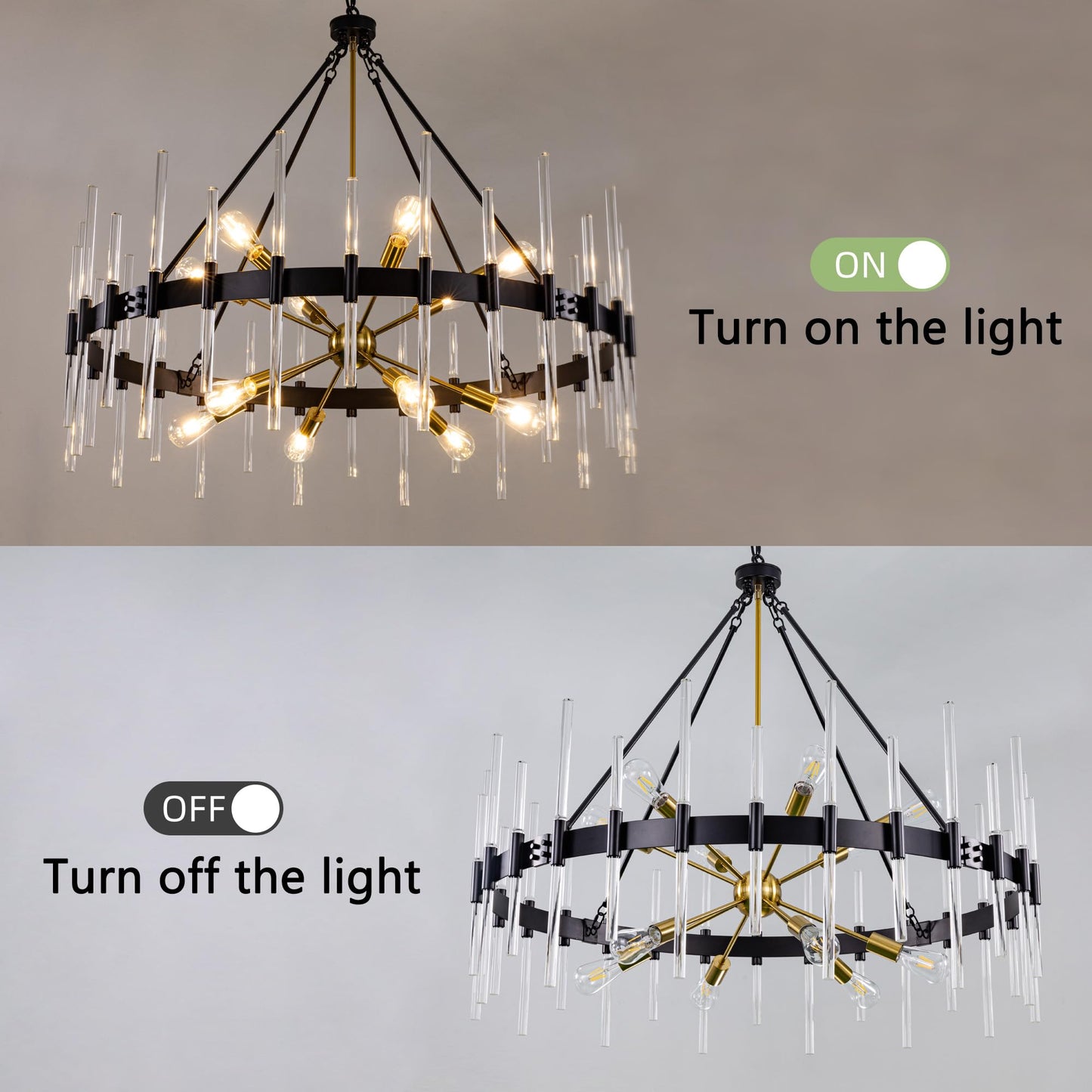 Wellmet Black and Gold Chandelier, Modern Dining Room Chandelier with Glass Rods 45", Farmhouse Wagon Wheel Light Fixtures Ceiling Hanging Pendant Lighting for Living Room, Kitchen, Foyer, Bedroom