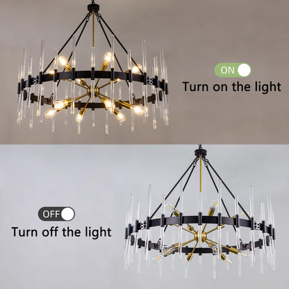 Wellmet Black and Gold Chandelier, Modern Dining Room Chandelier with Glass Rods 45", Farmhouse Wagon Wheel Light Fixtures Ceiling Hanging Pendant Lighting for Living Room, Kitchen, Foyer, Bedroom