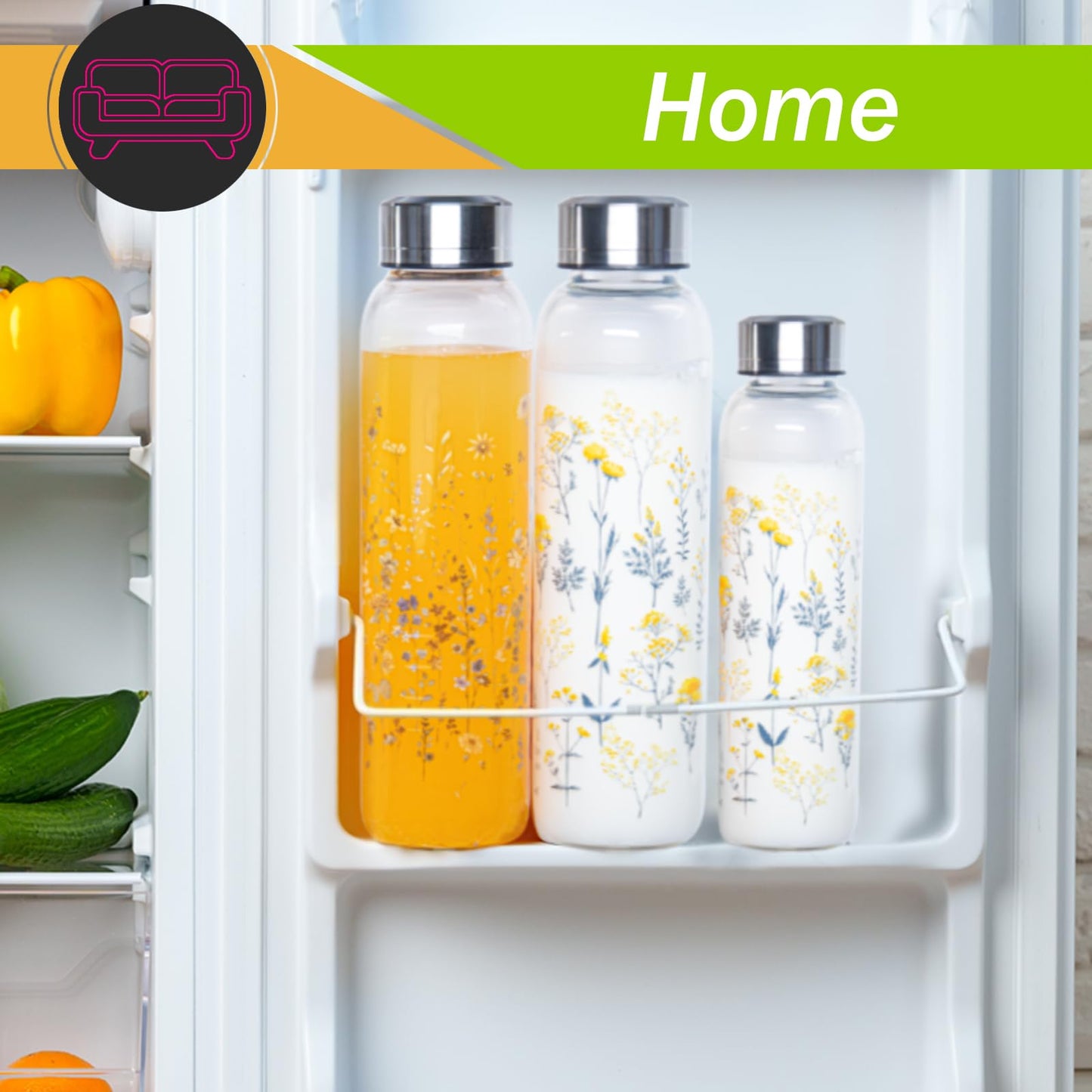 WENLIM Clear Water Bottle 16 oz BPA Free Glass Drinking Bottle for Juice with Stainless Steel Lid and Neoprene Sleeve (16 ounce, Scattered Flowers)