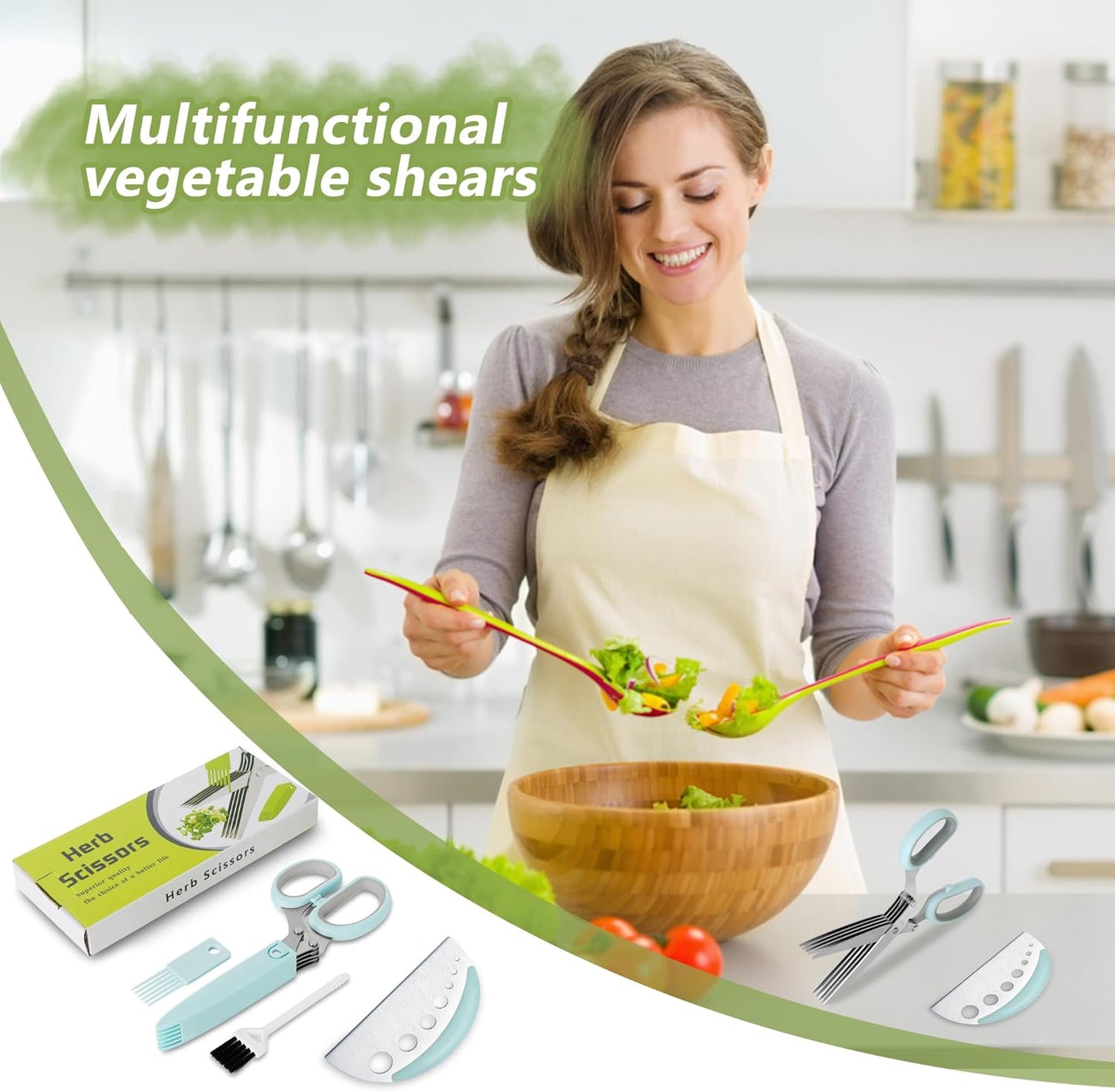 Herb Scissors with 5 Blades and Cover, Premium Kitchen Scissors for Food Vegetable, Stainless Steel Kitchen Shears