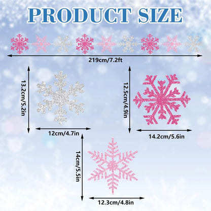 54Pcs Snowflake Garland Decorations Pink Silver Glitter Snowflake Banner for Christmas Winter Wonderland Party Decoration