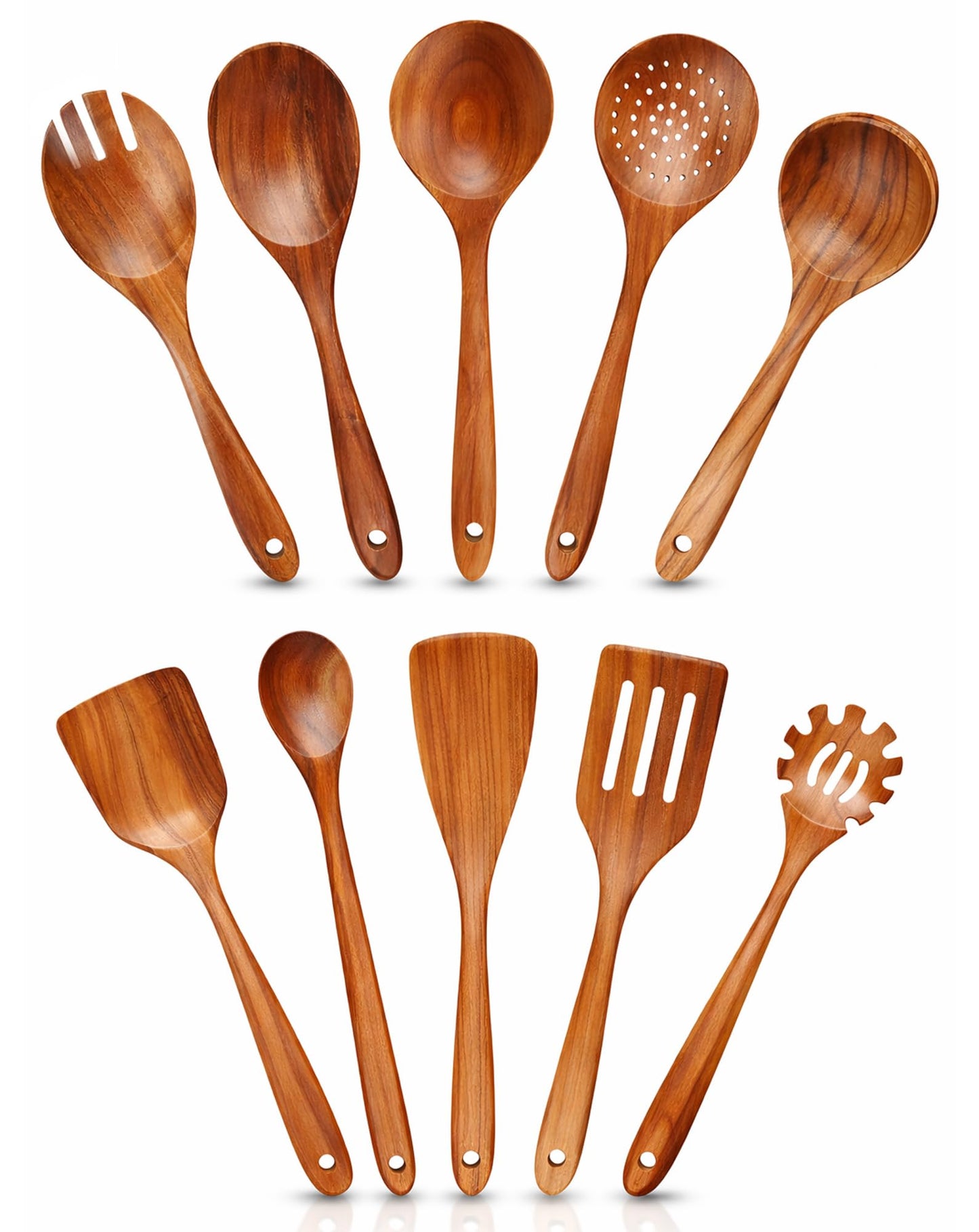 10 Piece Teak Wooden Spoons For Cooking, Wooden Kitchen Utensil Set, Organic Non Toxic Cooking Utensils, Large Serving Spoons