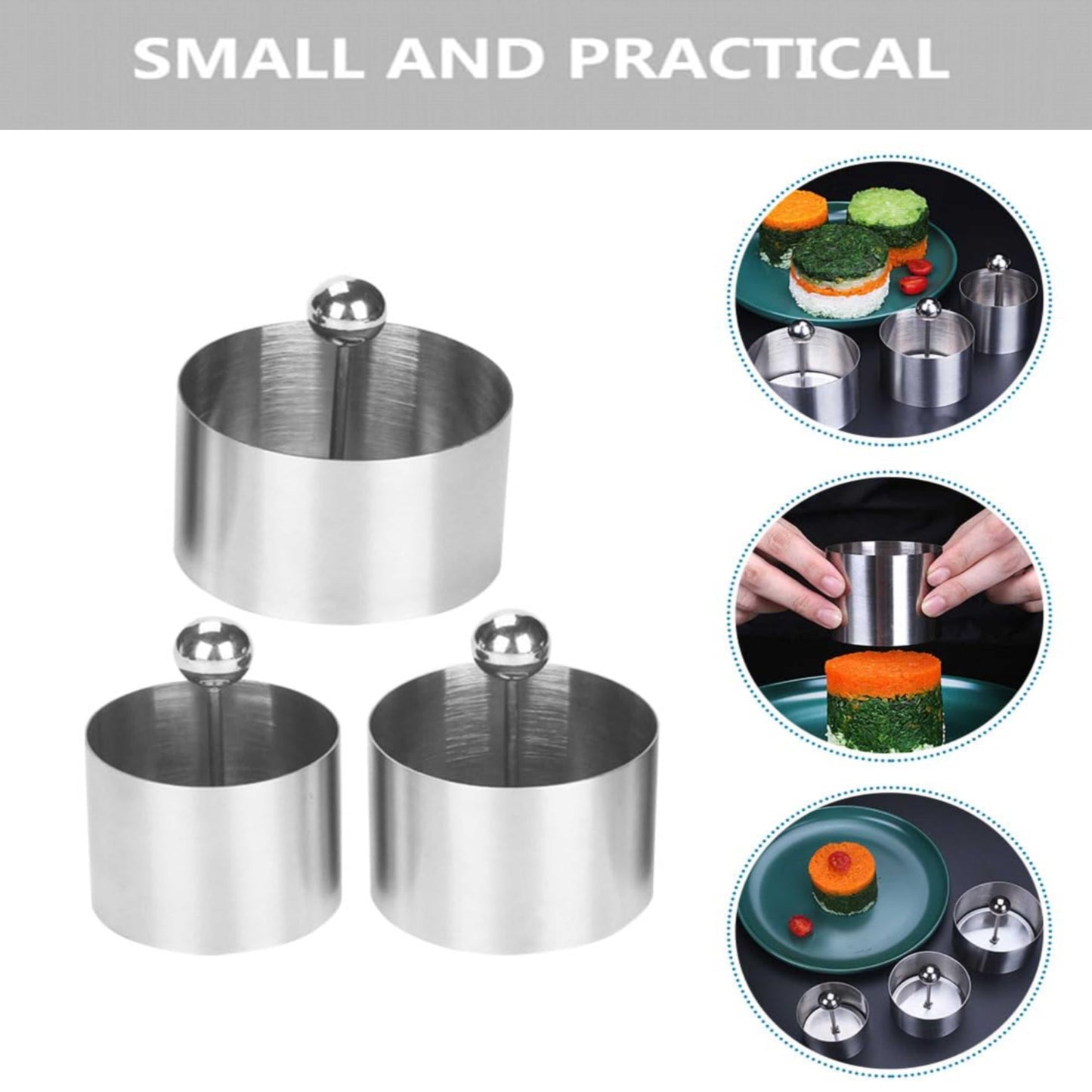 Set of 3 Stainless Steel Sushi Tower Mold, Round Mousse Cake Ring Molds with Pushers, Tuna Tartare Mold Ring for Home Kitchen Use