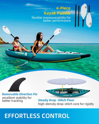 OCEANBROAD V1-420 Inflatable Sit-in Kayak(NO HIN) for Adults with Paddle, Kayak Seat, Pedal, Hand Pump and Bag, 4.2m/13ft 2-Person Kayak, Blue