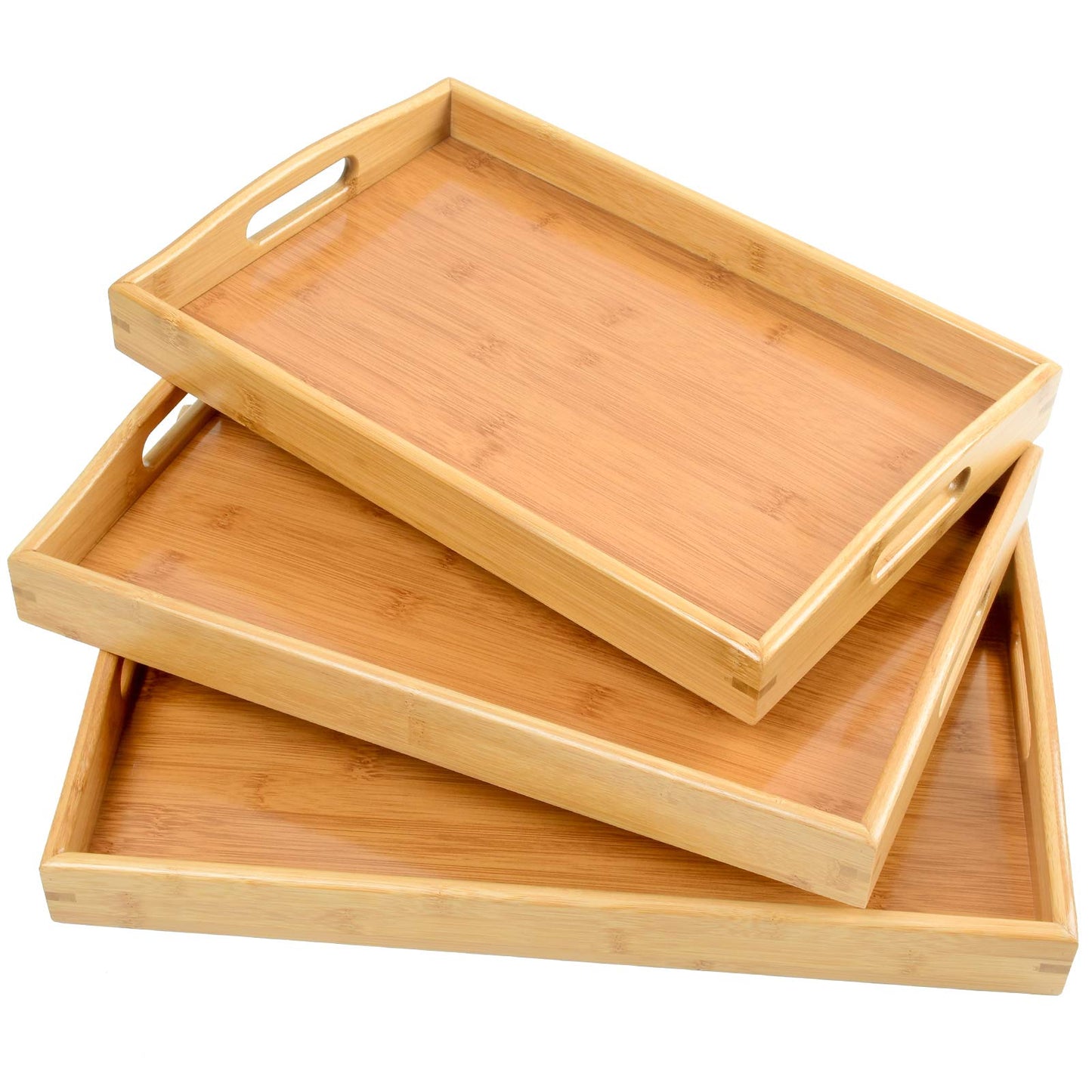 3 Pack Bamboo Serving Trays with Handles, Rectangular Kitchen Food Tray for Eating, Dinner Trays for Eating on Couch, Wood Serving Platter for Breakfast, Tea, Bar, Restaurant, Party or Bed (Beige)