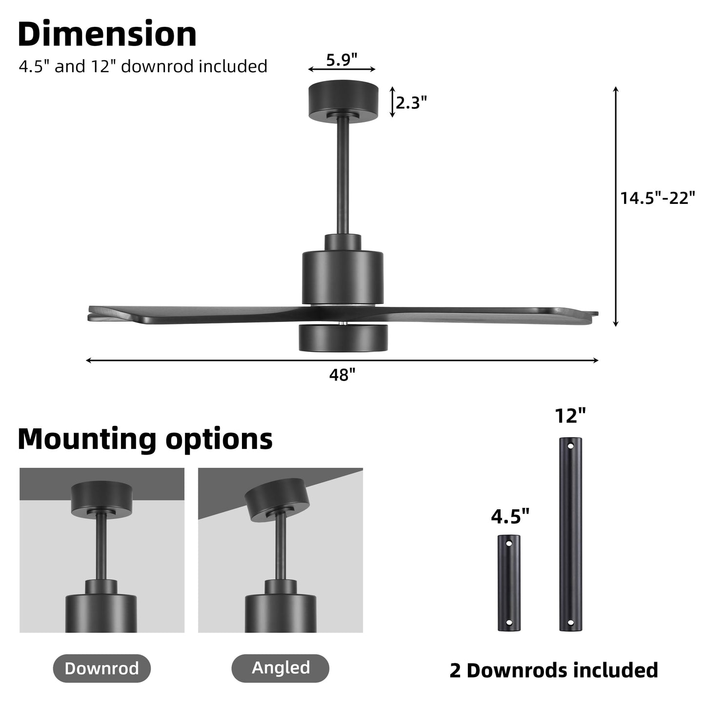 WINGBO 48 Inch DC Ceiling Fan with Lights and Remote Control, 5 Carved Solid Wood Blades, 6-Speed Noiseless Reversible DC Motor, Indoor Ceiling Fan in Matte Black Finish with Black Blades