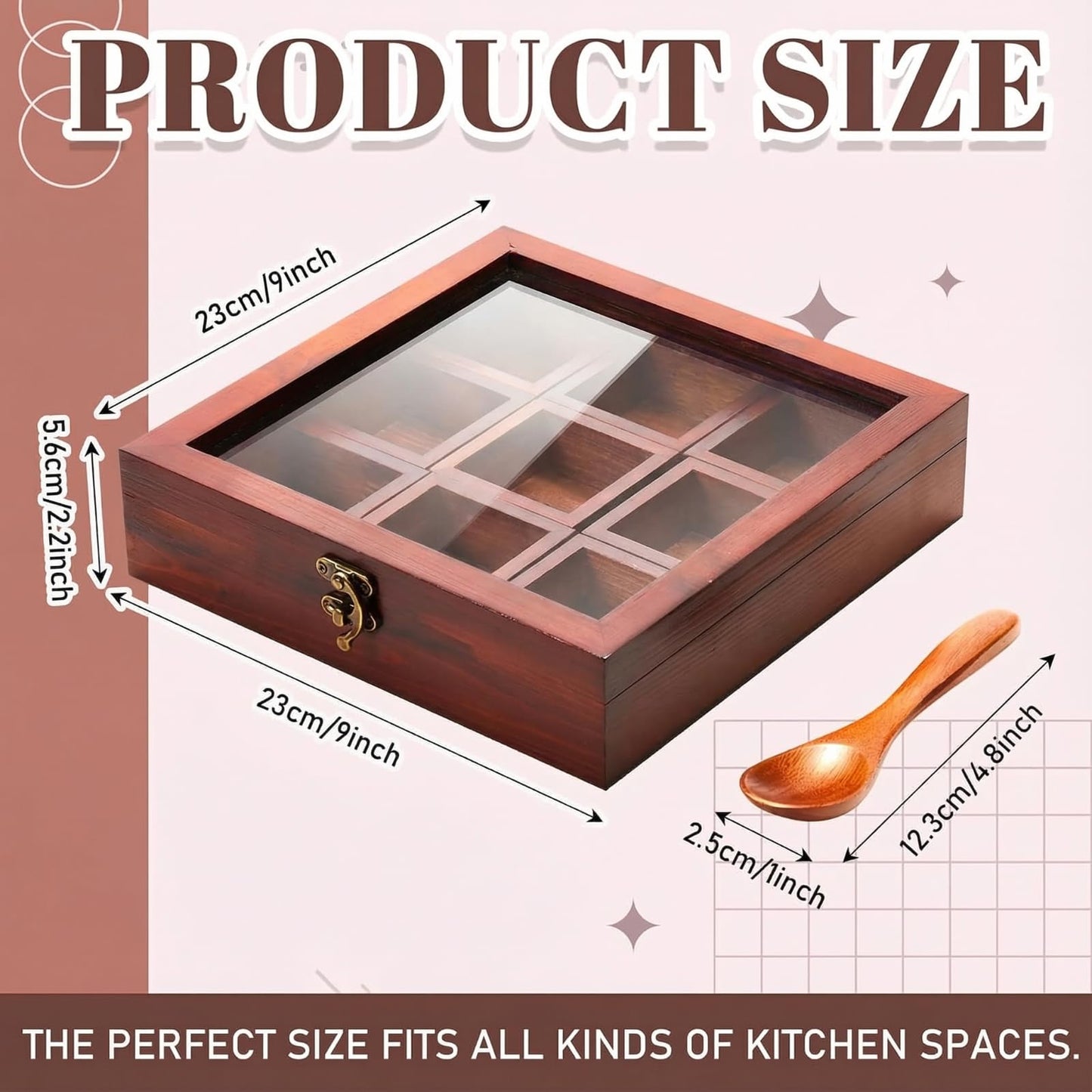 AceOrbit Wooden Spice Box with Wooden Spoon, Decorative Masala Dabba Organizer with Glass Lid, Indian Spice Storage Container, Ideal for Seasonings & Herbs (Square,9 x 9 Inch)