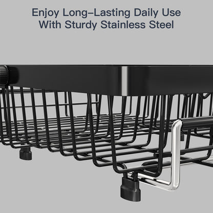 MAJALiS Expandable Stainless Steel Over The Sink Dish Drying Rack for Small Kitchen Counter Space Saving, Compact RV Plate Drainer Strainer in Black Wire Metal with Hanging Adjustable Utensil Holder