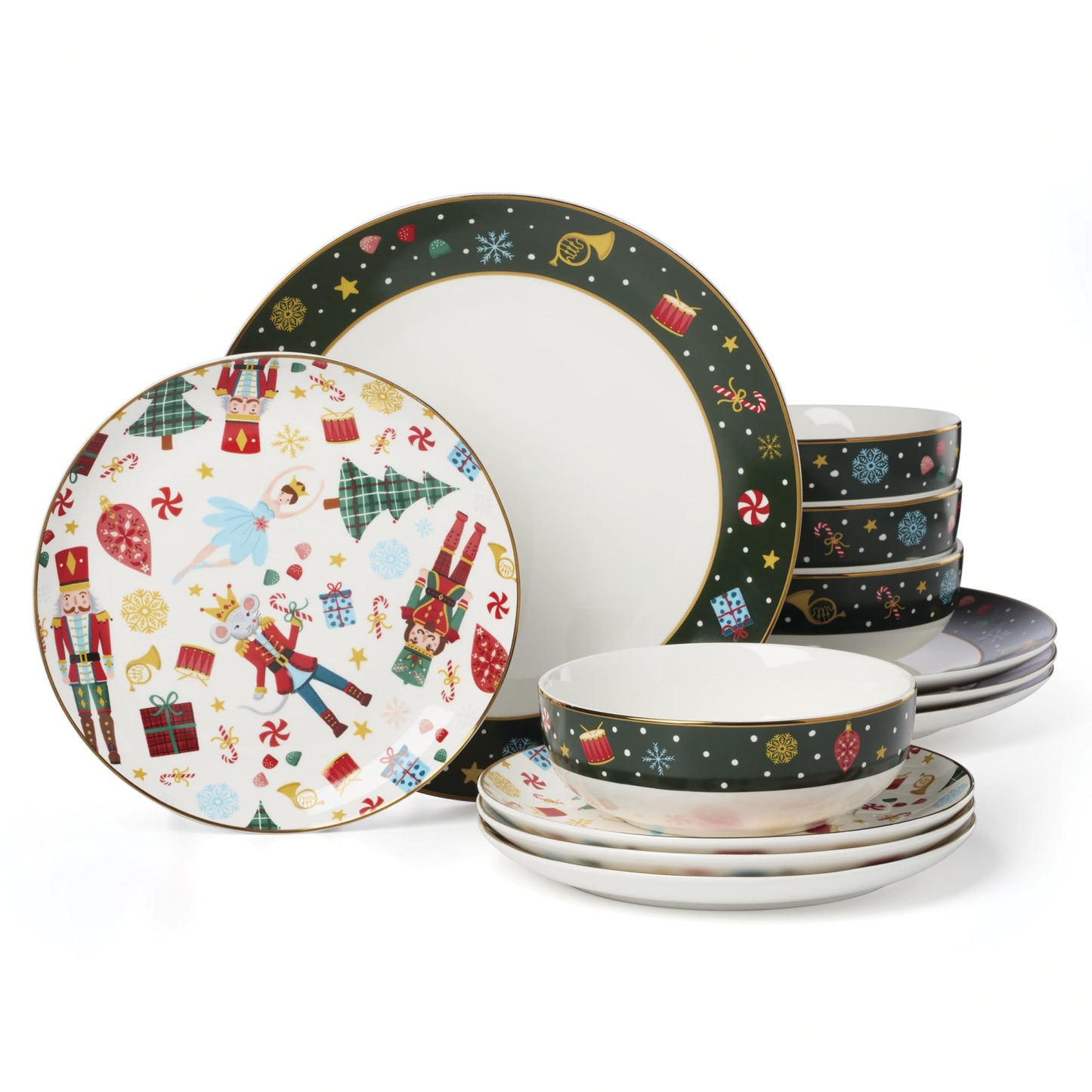 Lenox Dinnerware Set, Nutcracker Ballet 12-Piece Dinnerware Set, Service for 4, Made Of Porcelain, Dishwasher/Microwave Safe, Includes Plates and Bowls for Pasta and Salad, Christmas Decor (12 Piece)