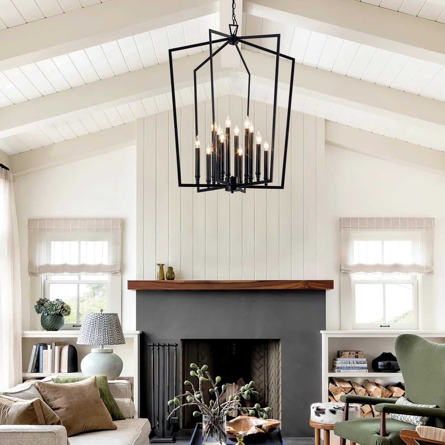 Vezzio 12-Light Large Black Chandelier, D30 Inch Modern Industrial Farmhouse Lantern Pendant Light for High Ceiling Entryway, Foyer, Dining Room，Kitchen Island，Hallway，Staircase