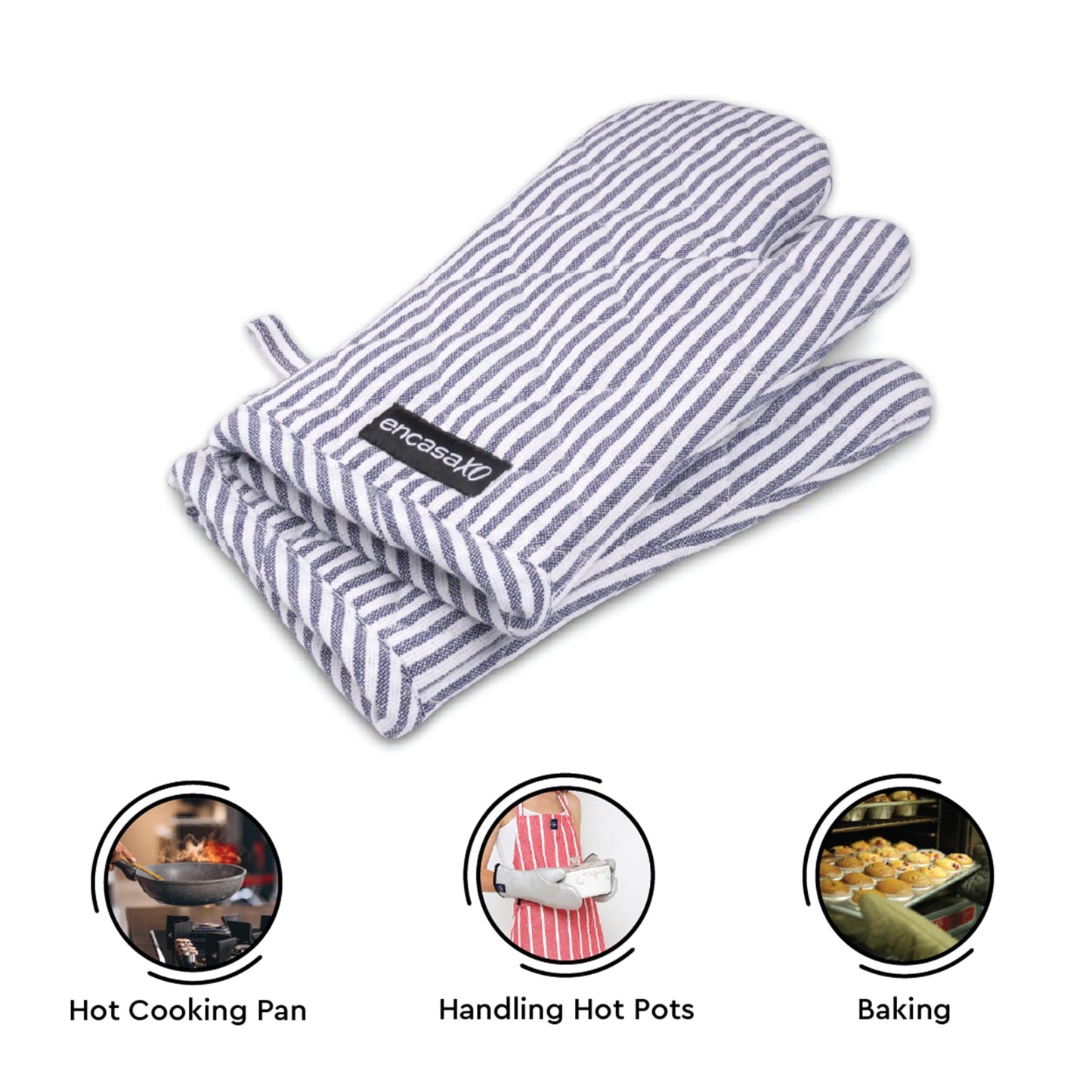 Encasa XO Long 12"x7" Oven Microwave Hand Gloves Mitts (2 pc Set) for Kitchen Cooking & Baking - Heat Resistant, Thick & Safe, Protection of Hands from Hot Utensils - Ticking Navy Blue