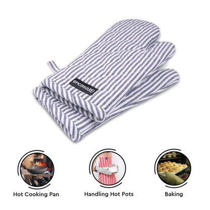 Encasa XO Long 12"x7" Oven Microwave Hand Gloves Mitts (2 pc Set) for Kitchen Cooking & Baking - Heat Resistant, Thick & Safe, Protection of Hands from Hot Utensils - Ticking Navy Blue