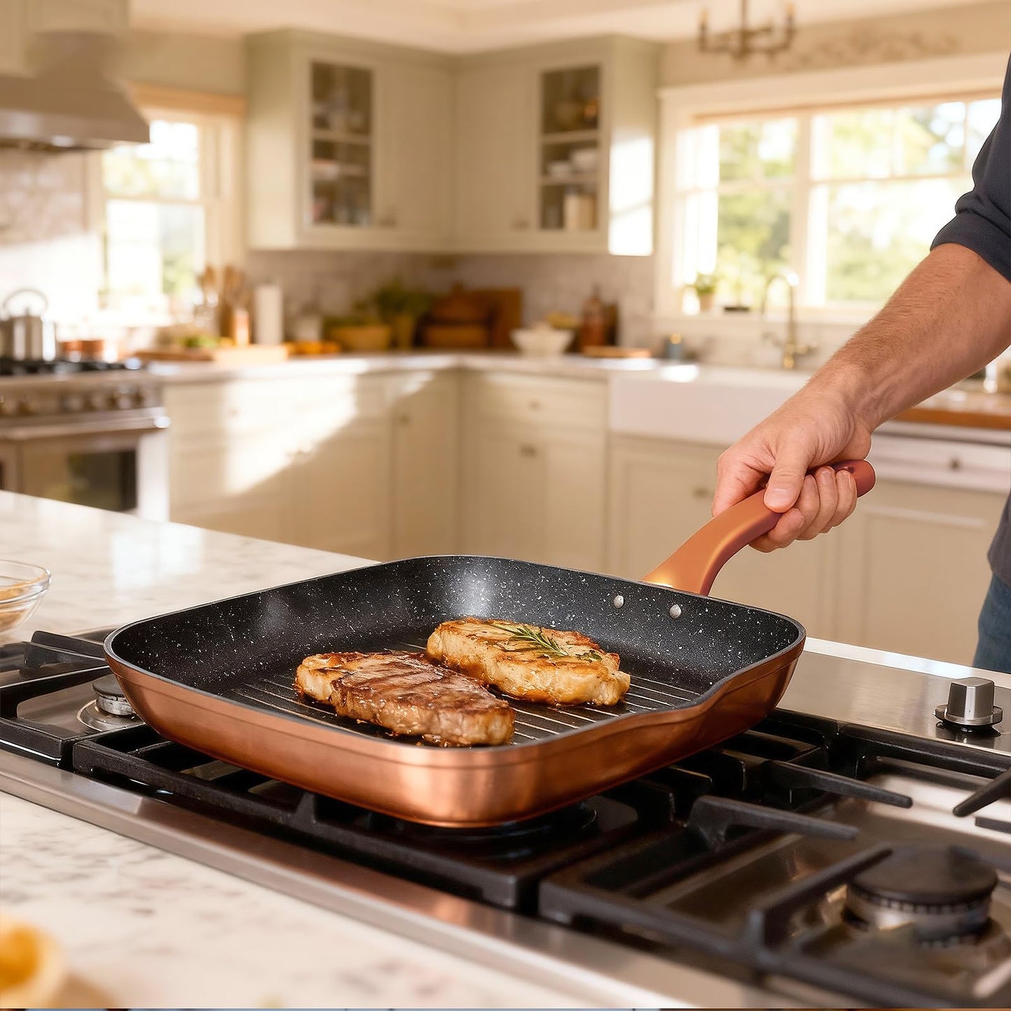 QUANSHANGJU Nonstick Grill Pan for Stove Tops, 11 Inch Versatile Griddle Pan with Pour Spouts,Square Grill Pan for Indoor Cooking Surface, Durable Grill Skillet for Indoor & Outdoor Grilling.PFOA Free