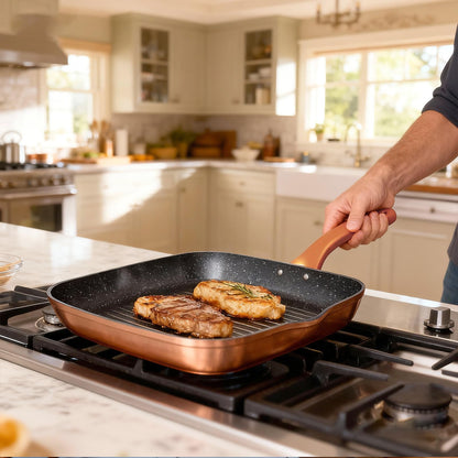 QUANSHANGJU Nonstick Grill Pan for Stove Tops, 11 Inch Versatile Griddle Pan with Pour Spouts,Square Grill Pan for Indoor Cooking Surface, Durable Grill Skillet for Indoor & Outdoor Grilling.PFOA Free