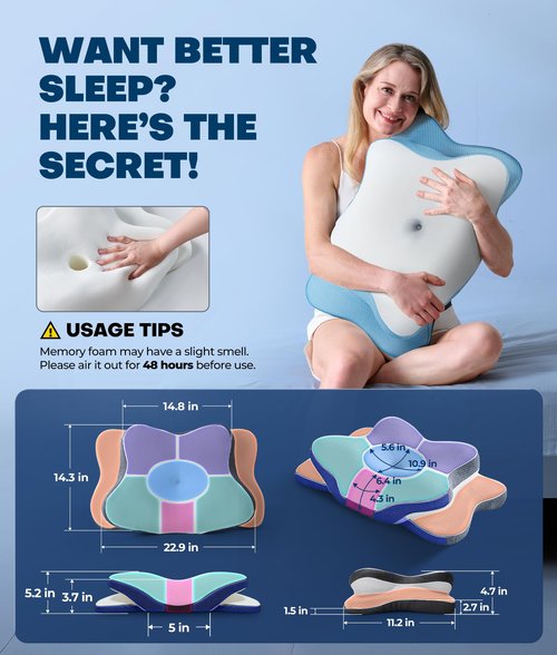 5X Pain Relief Cervical Neck Pillow for Neck Support, Ergonomic Cooling Side Sleeper Pillow for Sleeping, Odorless Contour Memory Foam Pillows, Bed Pillow for Side Back Stomach Sleeper