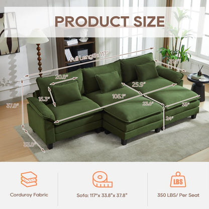 IPKIG 117" Sectional Sofa Cloud Couch, Modern Corduroy U-Shaped Couch Comfy Upholstered 3-Seat Sofa with 2 Ottoman, 3 Lumbar Pillow, Deep Seat Modular Sofa for Living Room, Apartment, Studio, Green