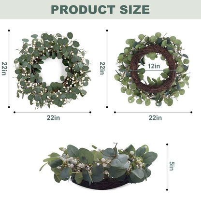 MAINGKAUNG Green Eucalyptus Wreath 22inch Greenery Wreaths for Front Door Artificial Winter Wreath with Green Eucalyptus Leaves White Berries for Winter Christmas Window Wall Indoor Holiday Decoration