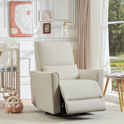 GarveeHome Recliner Chair, 360° Swivel Rocker Glider Nursery Chair with Padded Armrest and Deep Seat, PU Leather Upholstered Reclining Sofa Chair for Living Room, Bedroom and Nursery (White)