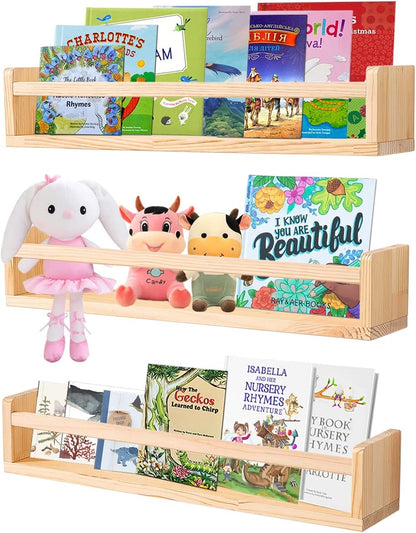 24 Inch Set 3 AZSKY Nursery Book Shelves Rustic Natural Wood Floating Shelves,Wall Book Shelves for Farmhouse,Bathroom