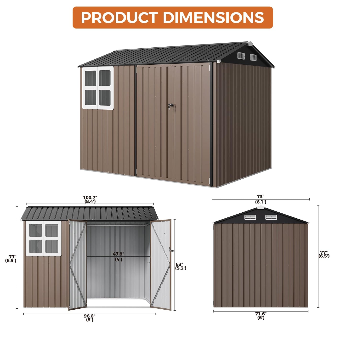 IRONCK 8x6FT Outdoor Storage Shed with Clear Window, Tool Shed with Breathable Vent and Lockable Doors, Metal Garden Storage for Poolside, Patio, Backyard, Brown