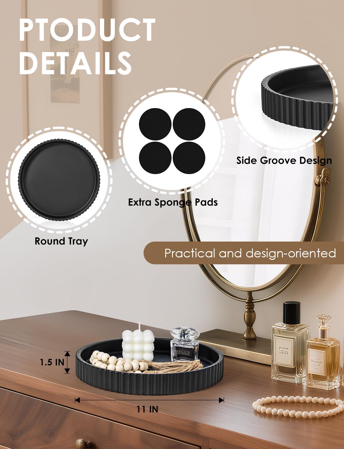 Baemin Concrete Coffee Table Tray, 11" Decorative Tray for Home Decor, Sturdy Modern Centerpiece, Round Serving Tray with Fluted Edge, Black