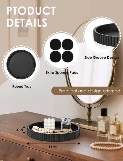 Baemin Concrete Coffee Table Tray, 11" Decorative Tray for Home Decor, Sturdy Modern Centerpiece, Round Serving Tray with Fluted Edge, Black