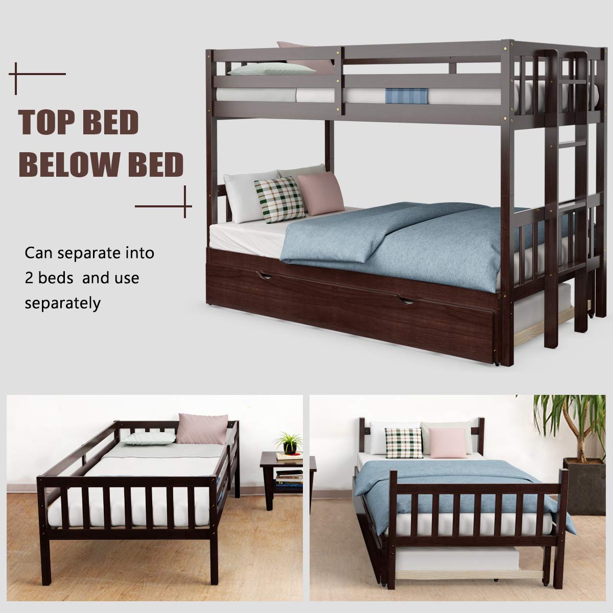 Giantex Twin Over Pull-Out Bunk Bed with Trundle, Extendable Twin/Full/Queen/King Bunk Bed, Solid Wood Bunk Bed with Ladder and Safety Rail, Wooden Bunk Beds for Kids Adults Teens, Espresso