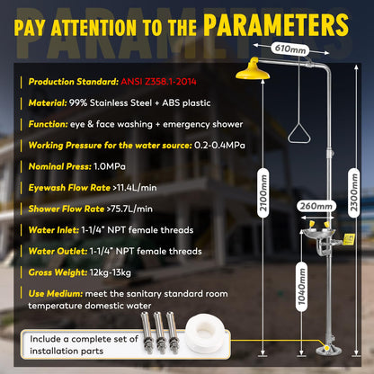 CGOLDENWALL Emergency Shower Eye Wash Station Combination Eye Wash Station with Shower Safty Shower, NPT Thread, with Emergency Sign, 304 Stainless Steel Bowl